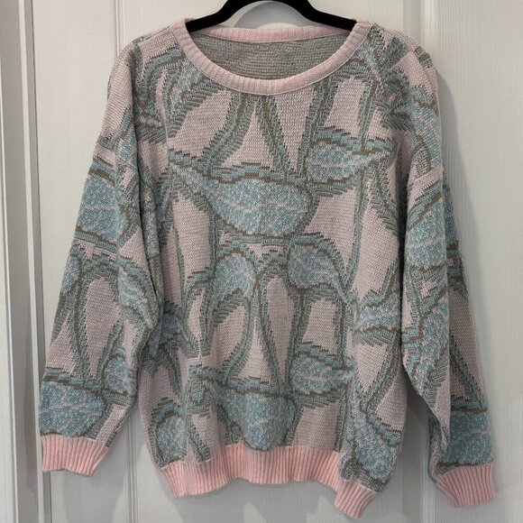 Vintage Sweaters - Vintage Pink and Blue Patterned Women's Sweater